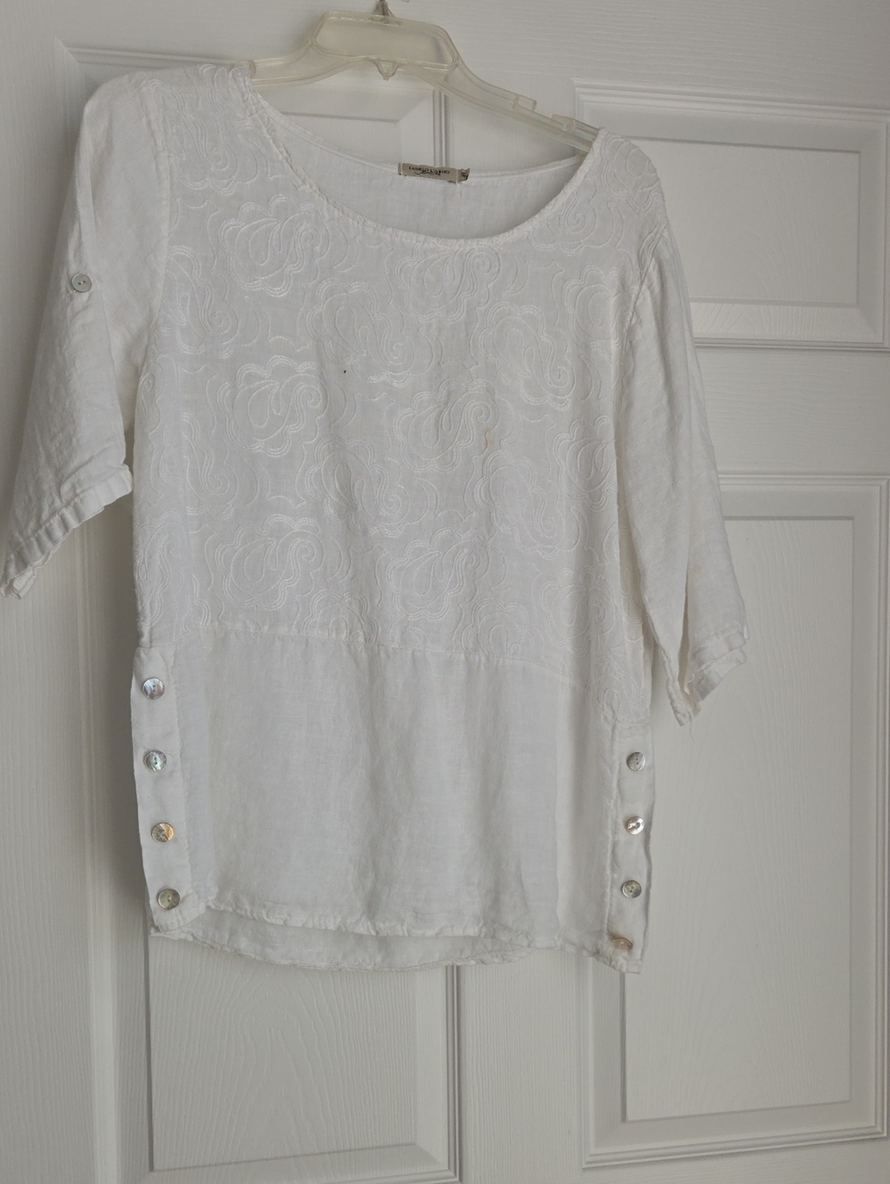 Women's White Embroidered Button-Side Linen Blouse